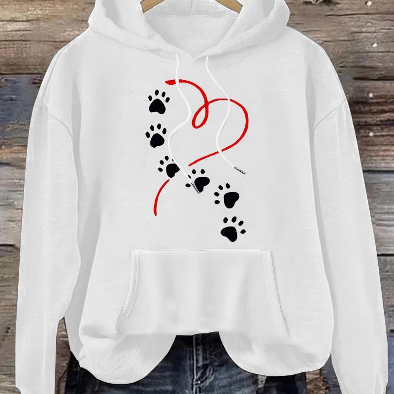 Women's Heart & Paw Print Casual Hoodie - Cozy Polyester Pullover