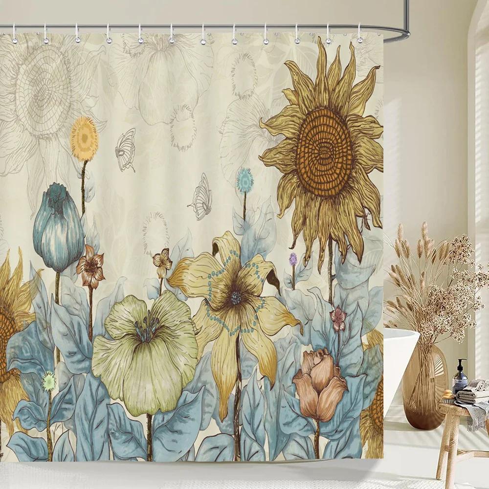 Nordic style Flower Leaf Plant Printed Fabric Shower Curtains Floral Bath Screen Waterproof Products Bathroom Decor with Hooks