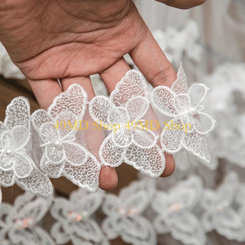 49MD 1 Yard Bowknot for Butterfly Embroidered Lace Trim Ribbon Imitation Pearl Beaded Applique DIY Sewing Craft Wedding Bridal