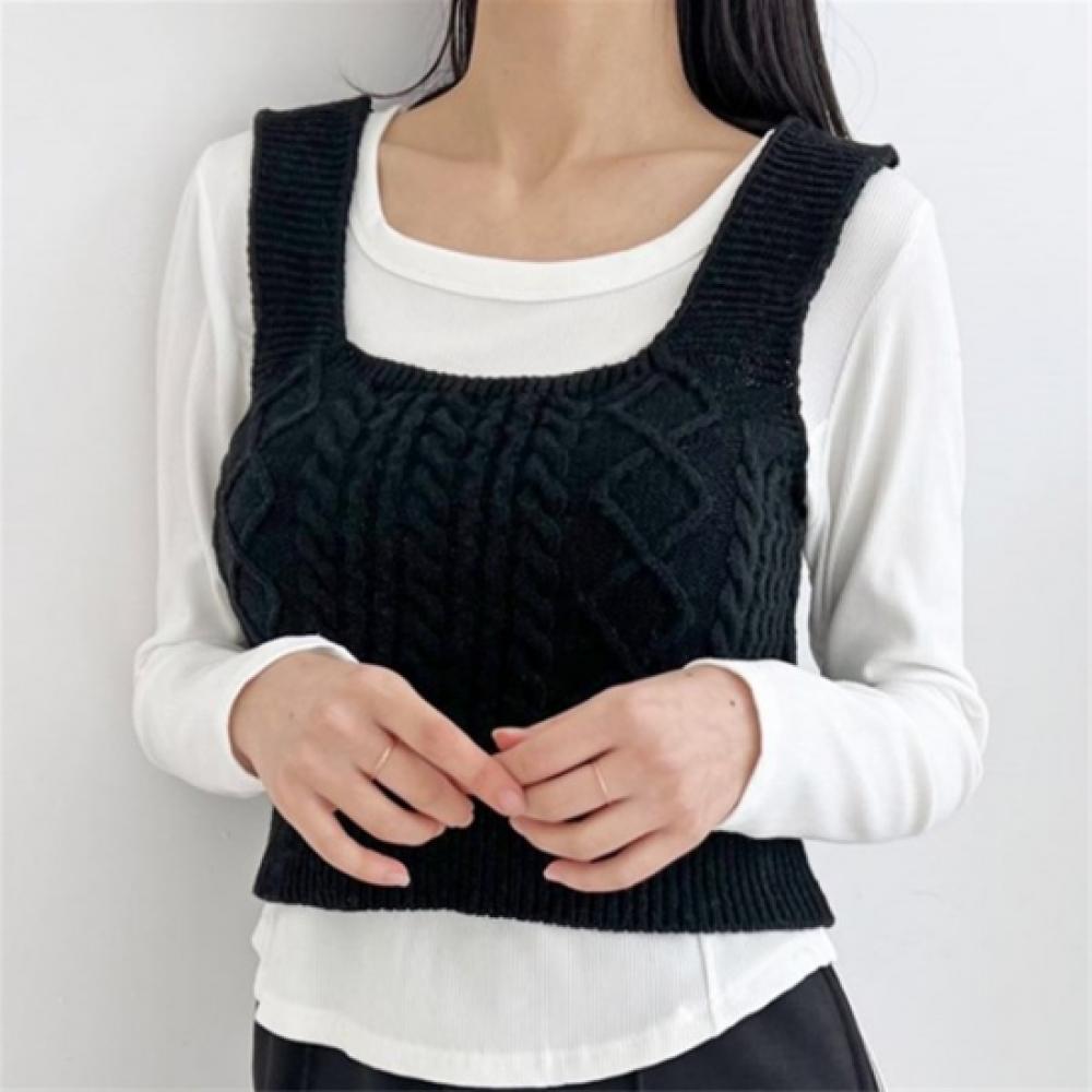 New Arrivals Open Run Women Square Neck Cable Knit Vest