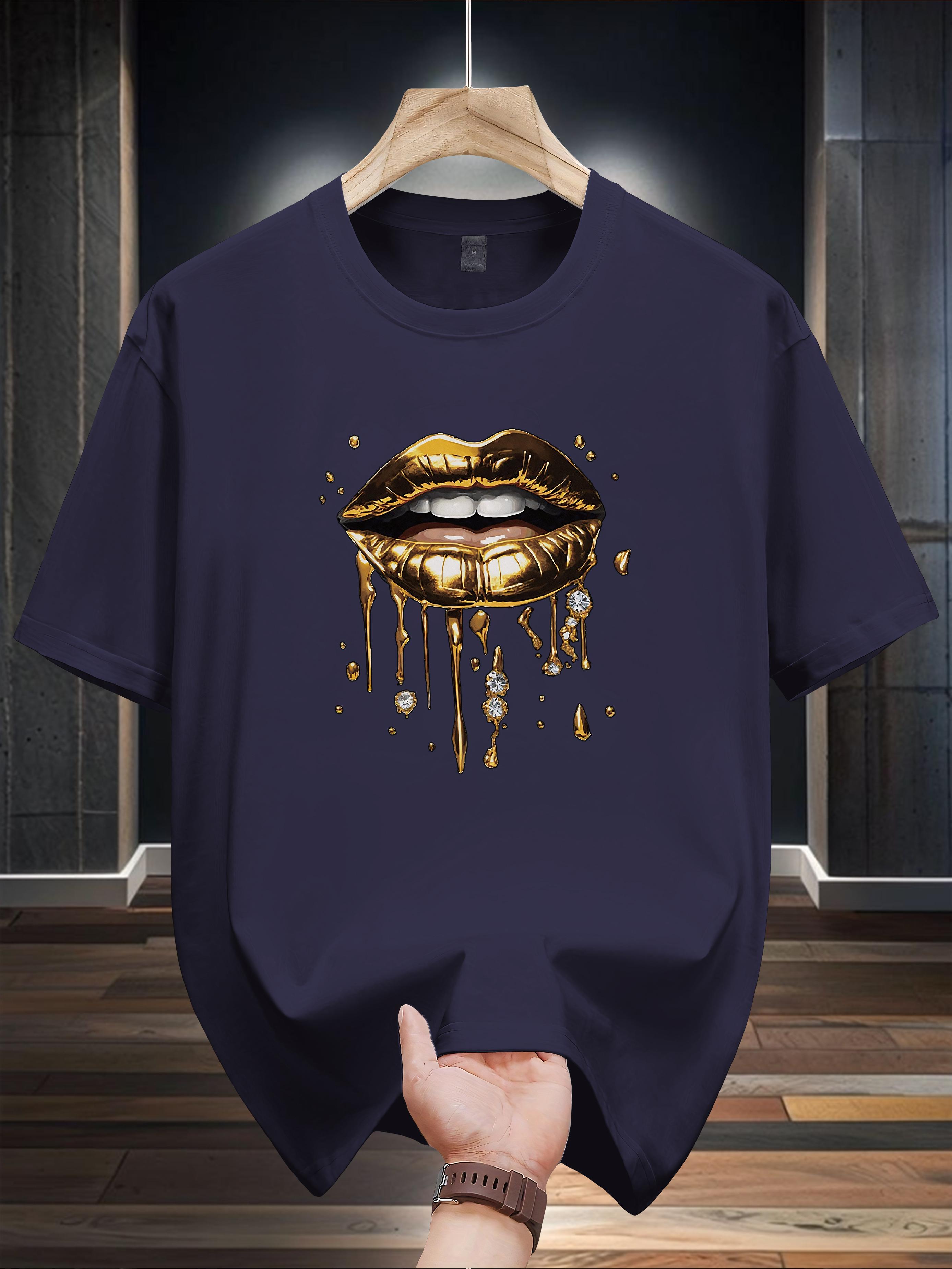 Stylish Golden Lip PrintT-shirt - Casual M