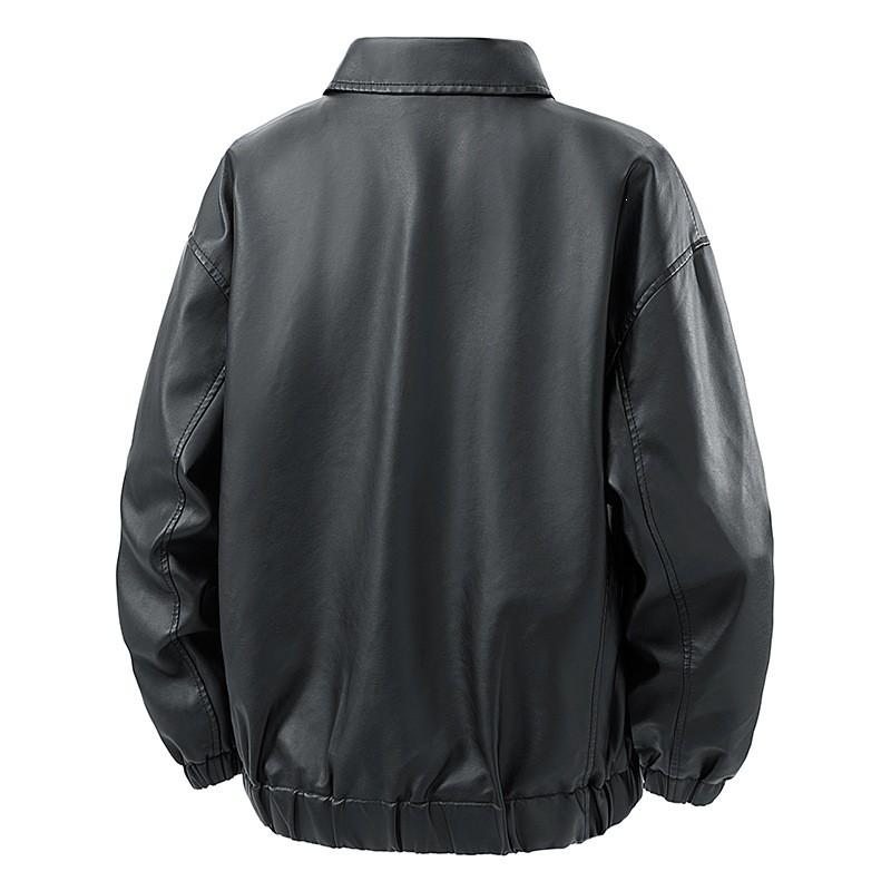 Mens PU Leather Jacket Vintage Workwear Relaxed Fit Street Style Black Outerwear