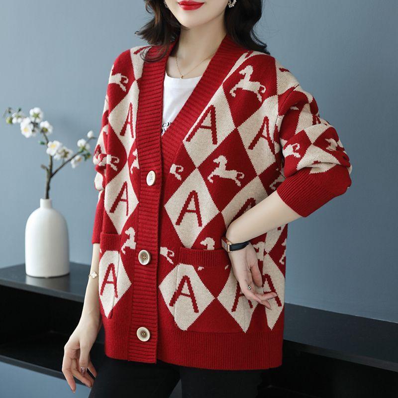 Women's Plus Size Knitted Cardigan Sweater Spring Autumn V-Neck Printed Knit Sweater Jacket Casual Loose Knit Jacket