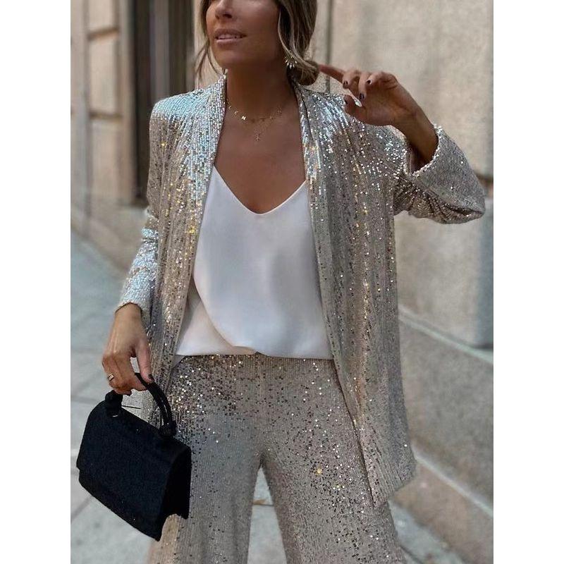 2025 Spring New Cross-Border Three-Color Sequin Full Sequined Small Suit High Waist Fashion Casual Straight Pants Two-piece Set Suit