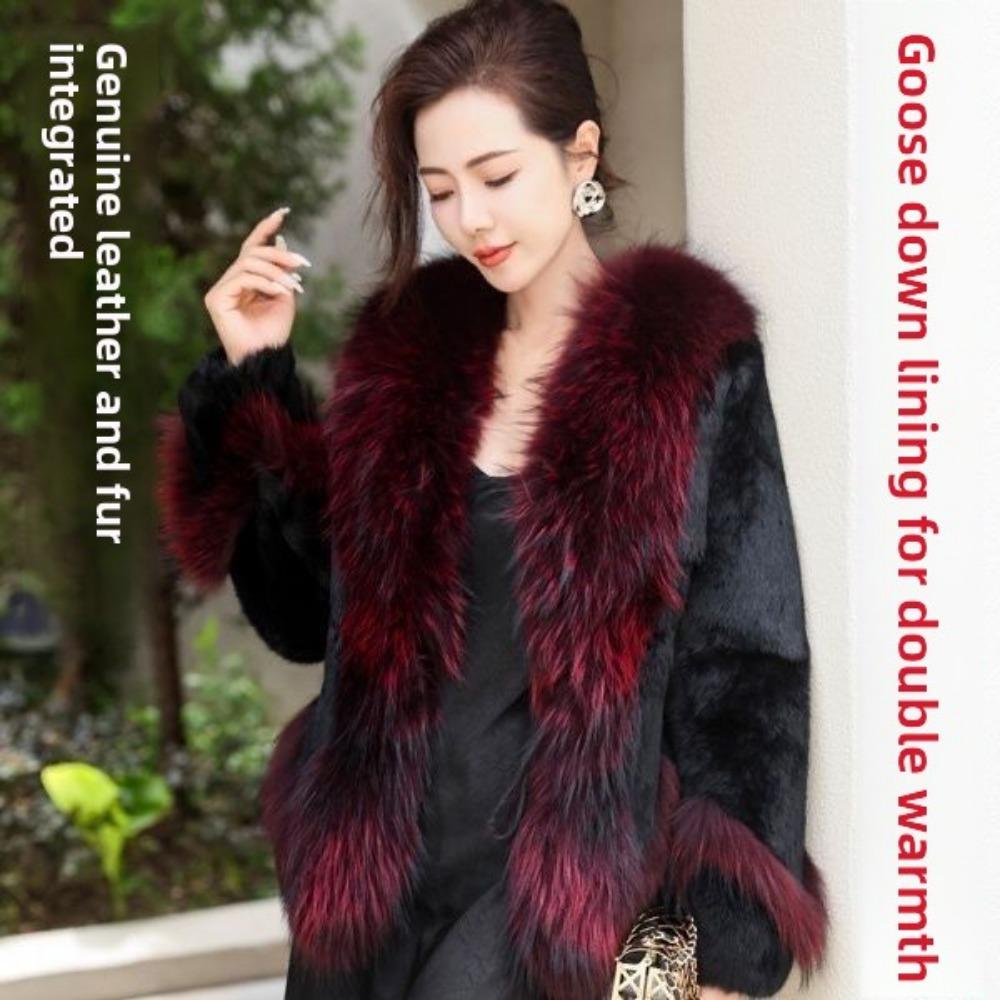 

Fur Mid-length Whole Leather Rabbit Fur Coat White Goose Down Lining Raccoon Fur Collar New Autumn and Winter Coat XXXXL