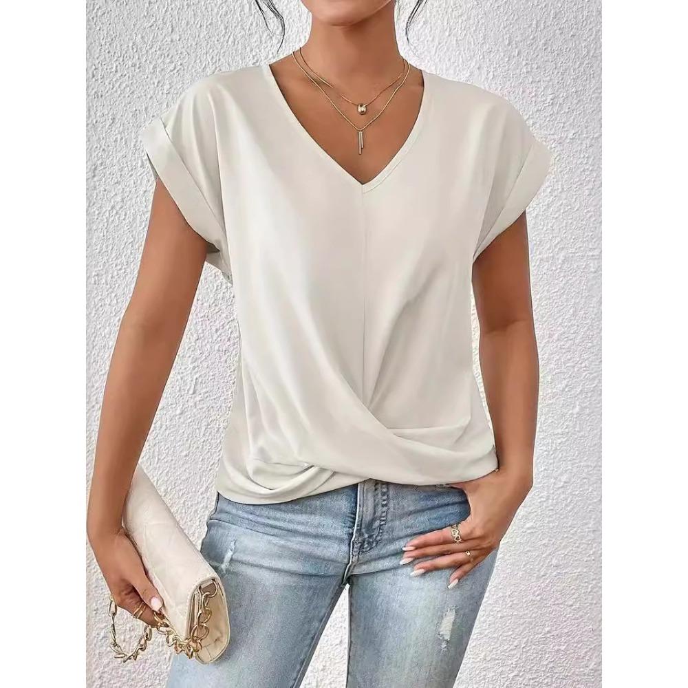 Nieuw Sexy V-hals Korte Mouw Shirt Blouse Tops Kantoor Dame Lente Zomer Casual Los Effen Wit T-shirt voor Dames Dames T-shirts