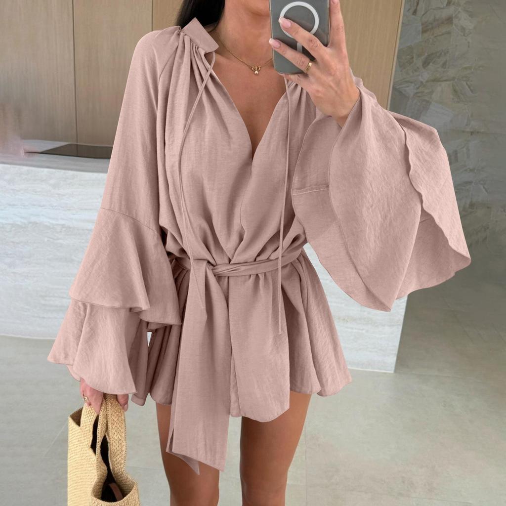 Women's Fashionable Solid Color V-neck Irregular Lace Long Sleeved Loose Top