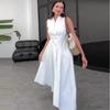 2024 Summer Women's Solid Color Sleeveless Stand-Up Collar Tie Waist Dress