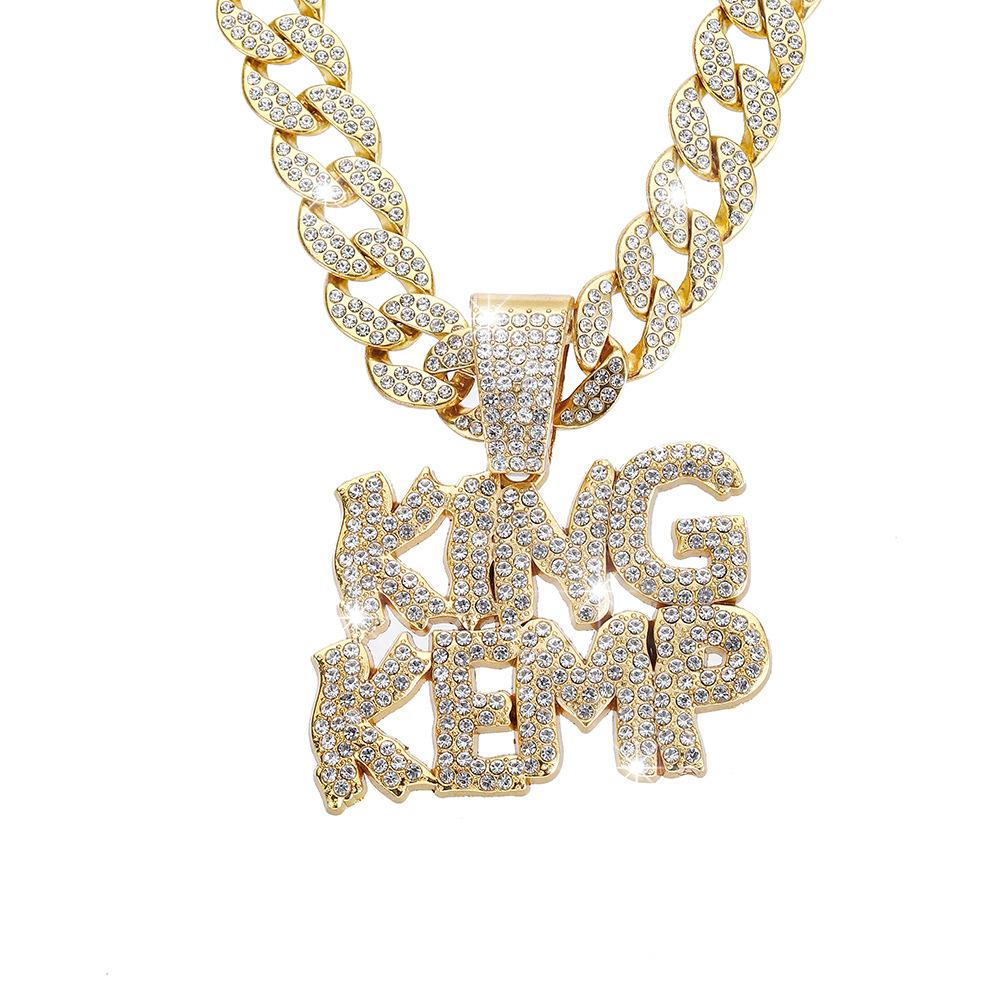 European and American Hip-hop Fashion Design Trend Letter KINGKEMP Full Diamond Alloy Pendant Cuban Chain Men's Necklace