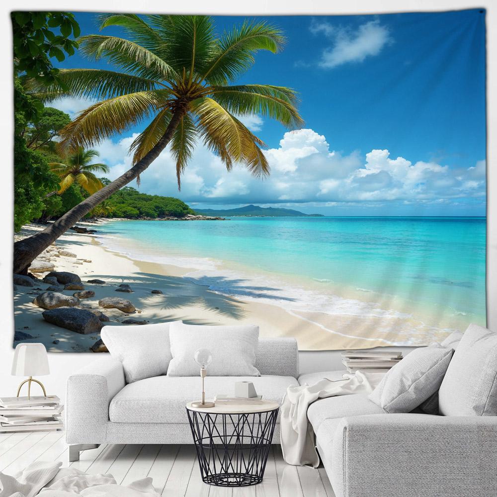 Seaside Beach Tapestry Island Coconut Tree Sunbed Hawaii Ocean Landscape Fabric Home Living Room Garden Decoration Wall Hanging