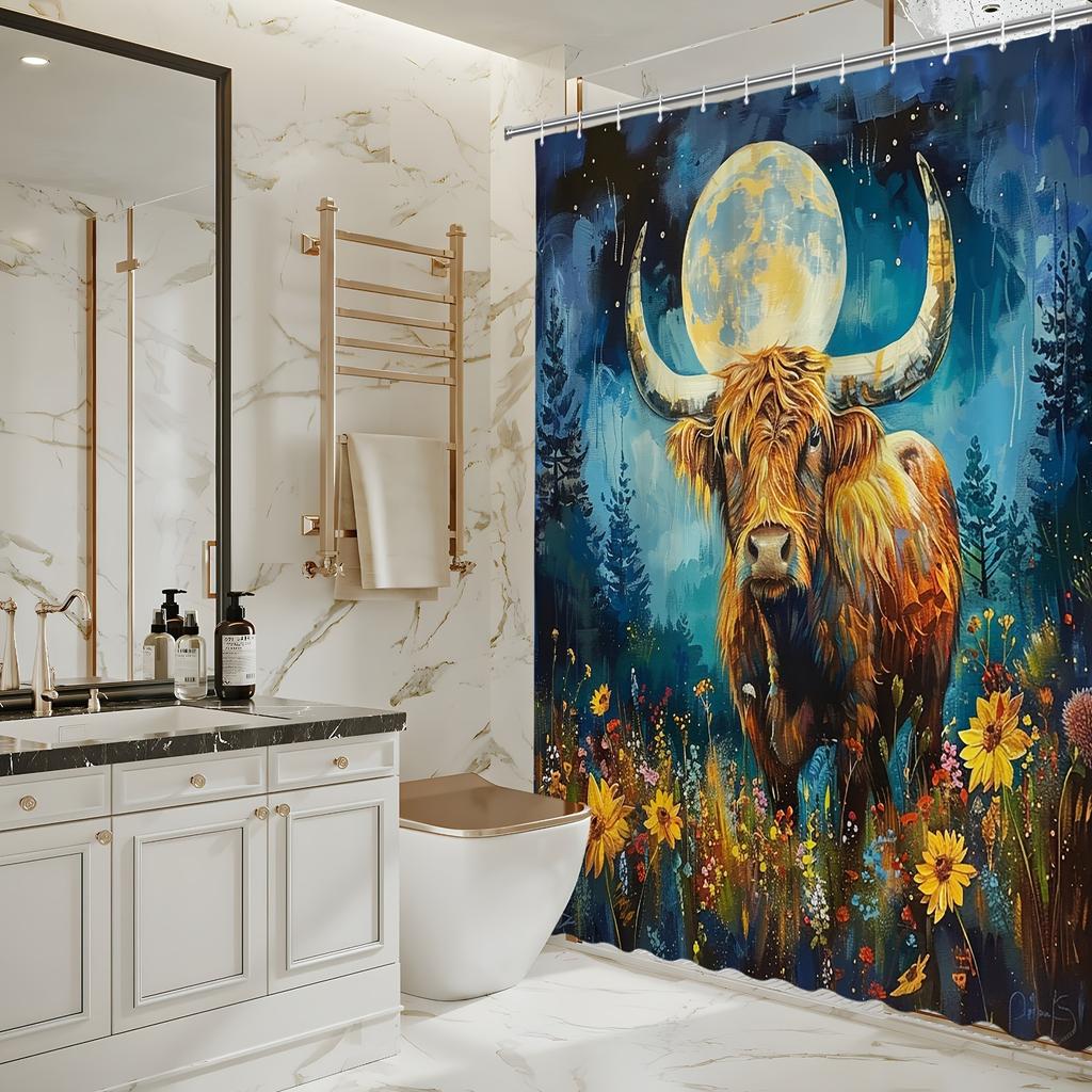 Mystical Highland Cow Bath Curtain - Moonlit Forest & Wildflowers, Waterproof Home Decor Adds Artistic Charm To Your Bathroom