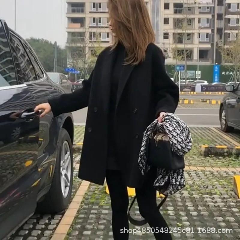 Womens Mid-length Wool Blend Coat Hepburn Style Loose Fit Winter Solid Color Brown Black