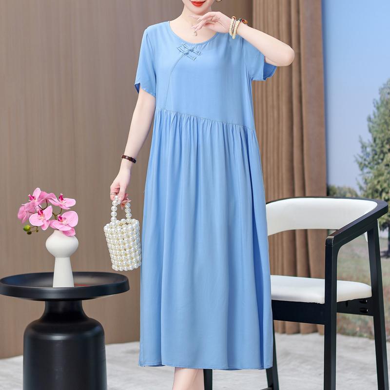 Elegant Dresses for Women Plus Size Loose Casual Vintage Print Long Dress With Sleeves Summer Middle-aged Women's Clothing