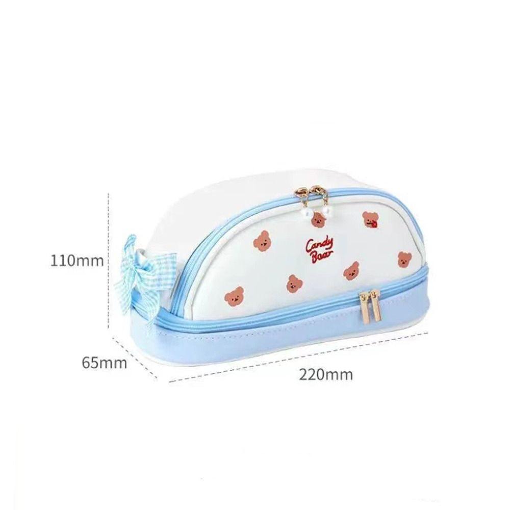 Bear Pencil Case Smile Cherry Double Layer Pen Pouch Cartoon Cute Pencil Bag  Girl