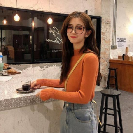 Women's 2022 Solid Color Semi-High Neck Long Sleeve Knitted Sweater
