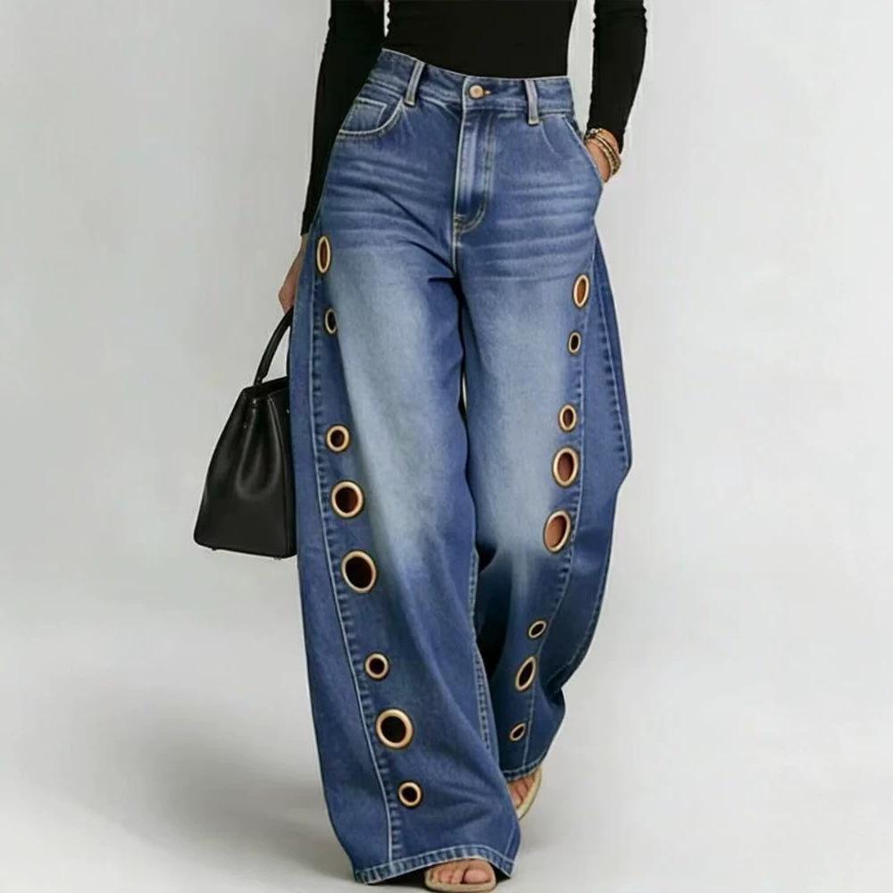 Women S Wide Leg Jeans With Metal Hollow Out Summer S синий