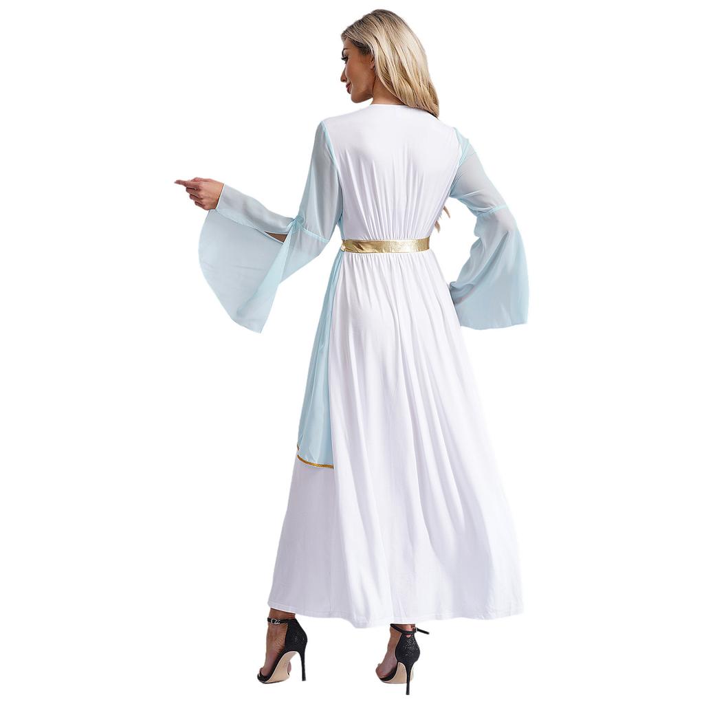 Womens Greek Costume Roman Queen Princess Ancient Toga Gown V Neck Long Sleeve Contrast Fancy Dress