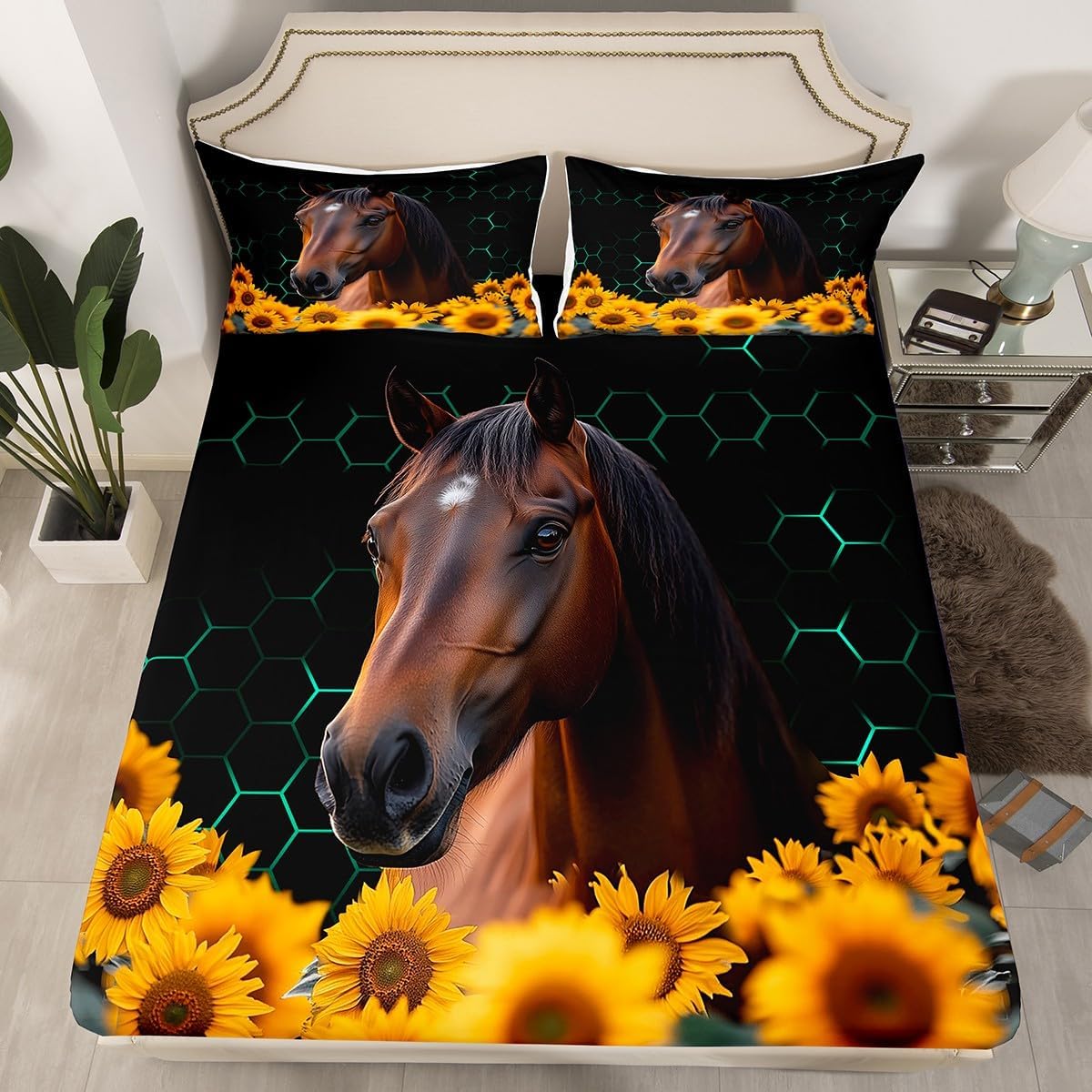 

Простыня на резинке с лошадью, Животное Лошадь Простыни Глубокий карман 30 см, Мягкая микрофибра 3D Простыня с наволочками для детей и взрослых 90x200cm