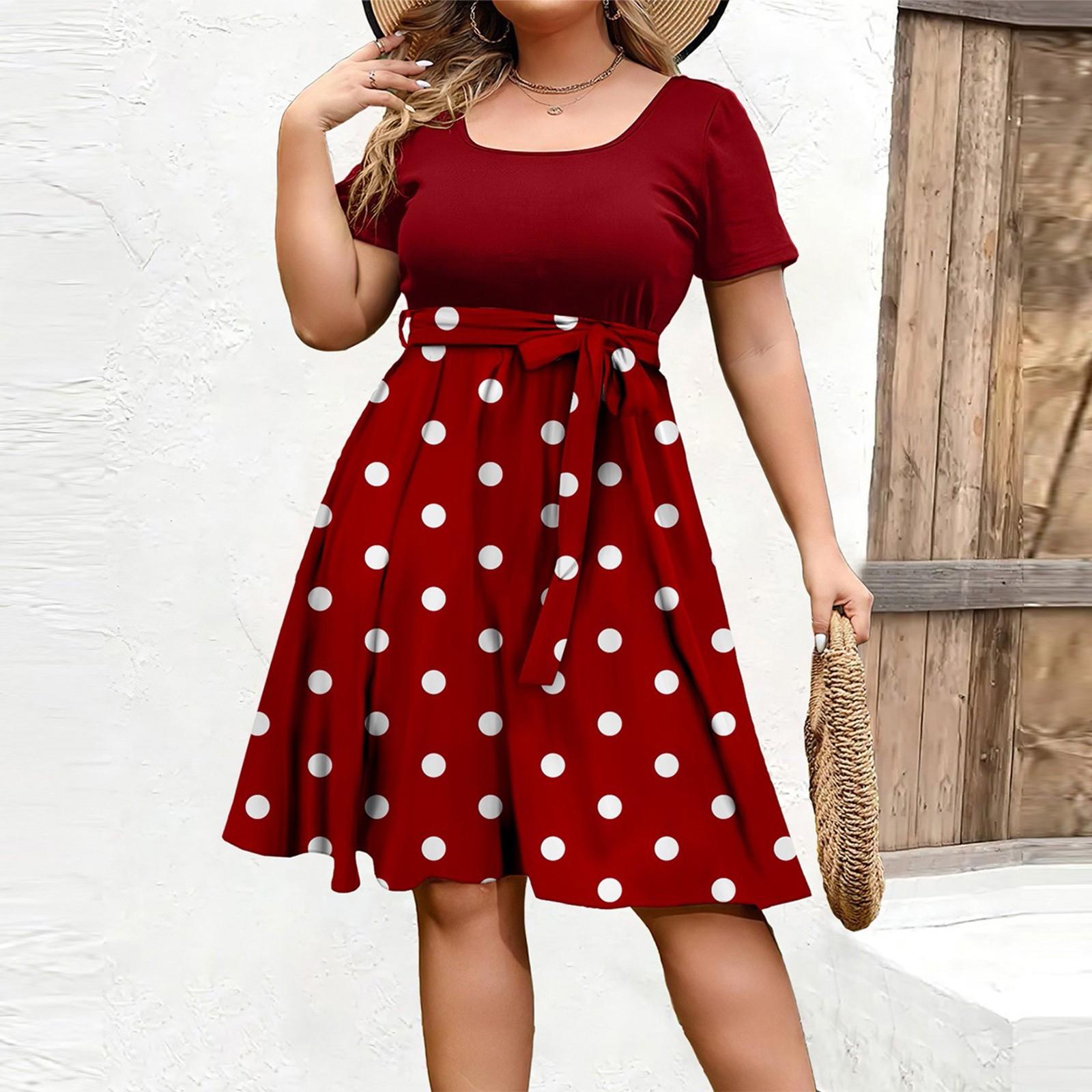 

Женское модное и трендовое платье с круглым вырезом и короткими рукавами на талии с принтом размера плюс XXXXL красный