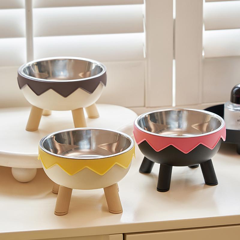 Pet bowl anti knock plastic feeding bowl drinking water protection cervical spinedrinking waterbowl high footstainless steelbowl