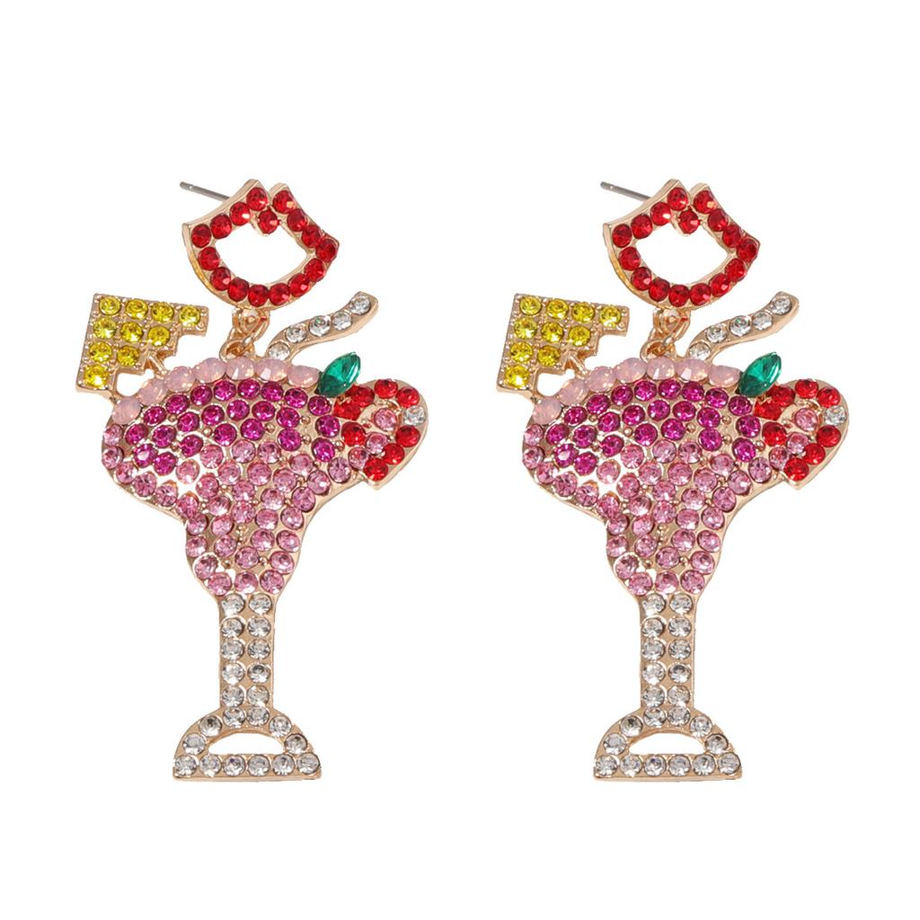European and American Fashion Design Personalized Color Diamond-encrusted Alloy Cocktail Cup Earrings New Red Lip Stud Earrings Women