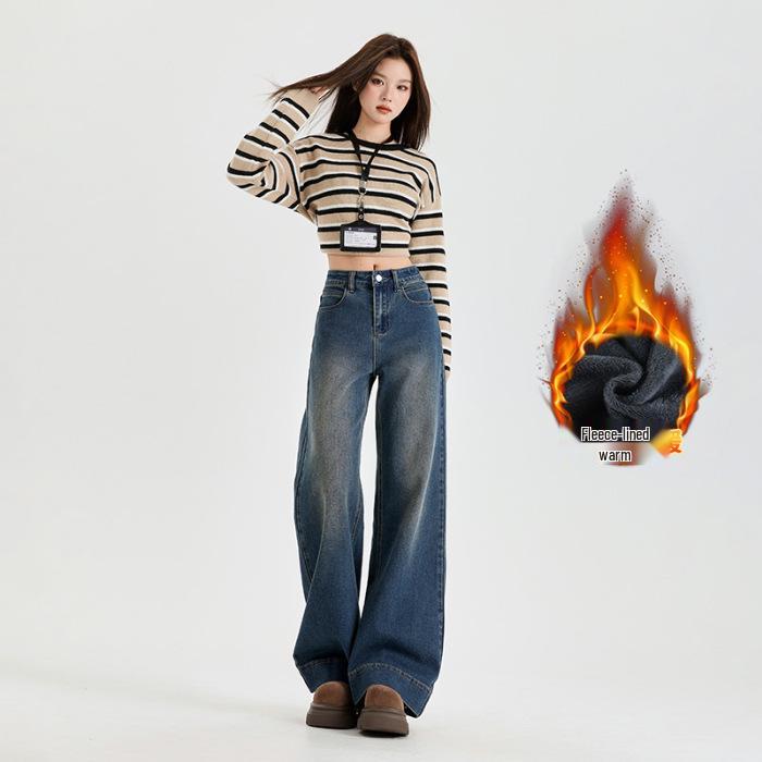 Women s High-Waisted Retro Fleece-Lined Wide-Leg Jeans XL