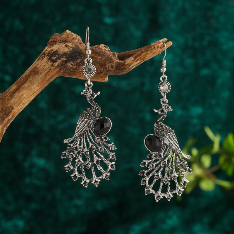 Blue Drop Oil Rhinestone Peacock Earrings for Women Ethnic Vintage Long Silver Color Geometric Animal Earrings Boho Jewelry Gift