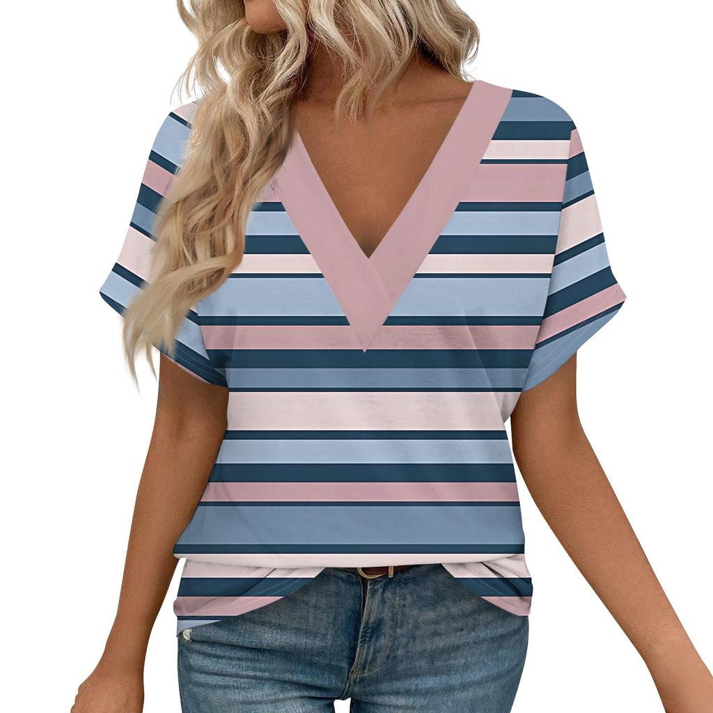Dámská trička s krátkým rukávem s výstřihem do V a potiskem, ležérní topy, základní trička, halenka, volné topy