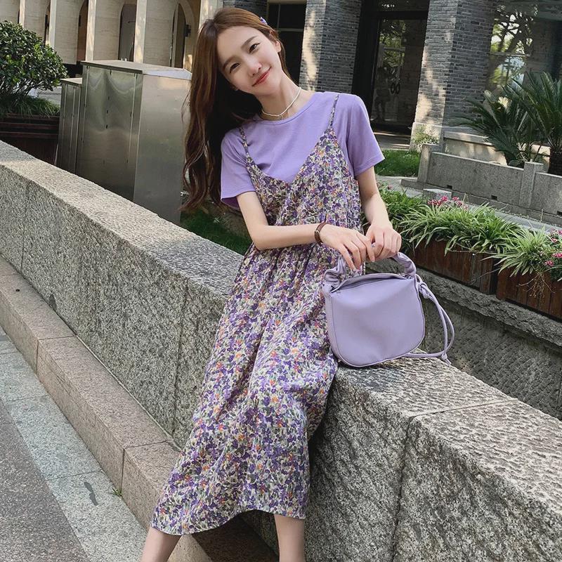 019 Grenzüberschreitendes Sommer-Umstandskleid in Midilänge mit Aufdruck: Kurzärmeliges Chiffon, Falsches zweiteiliges Design