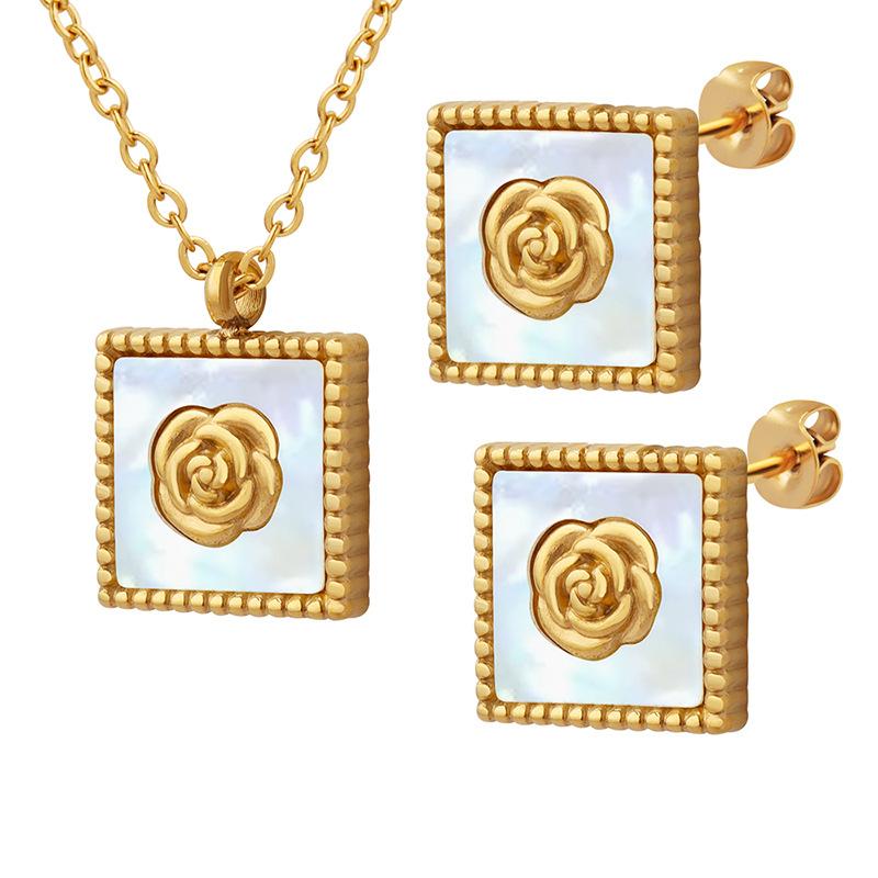 Versatile Fashion Commuter Inlaid White Sea Shell Gilded Camellia Square Brand Pendant Necklace Earrings Jewelry Set