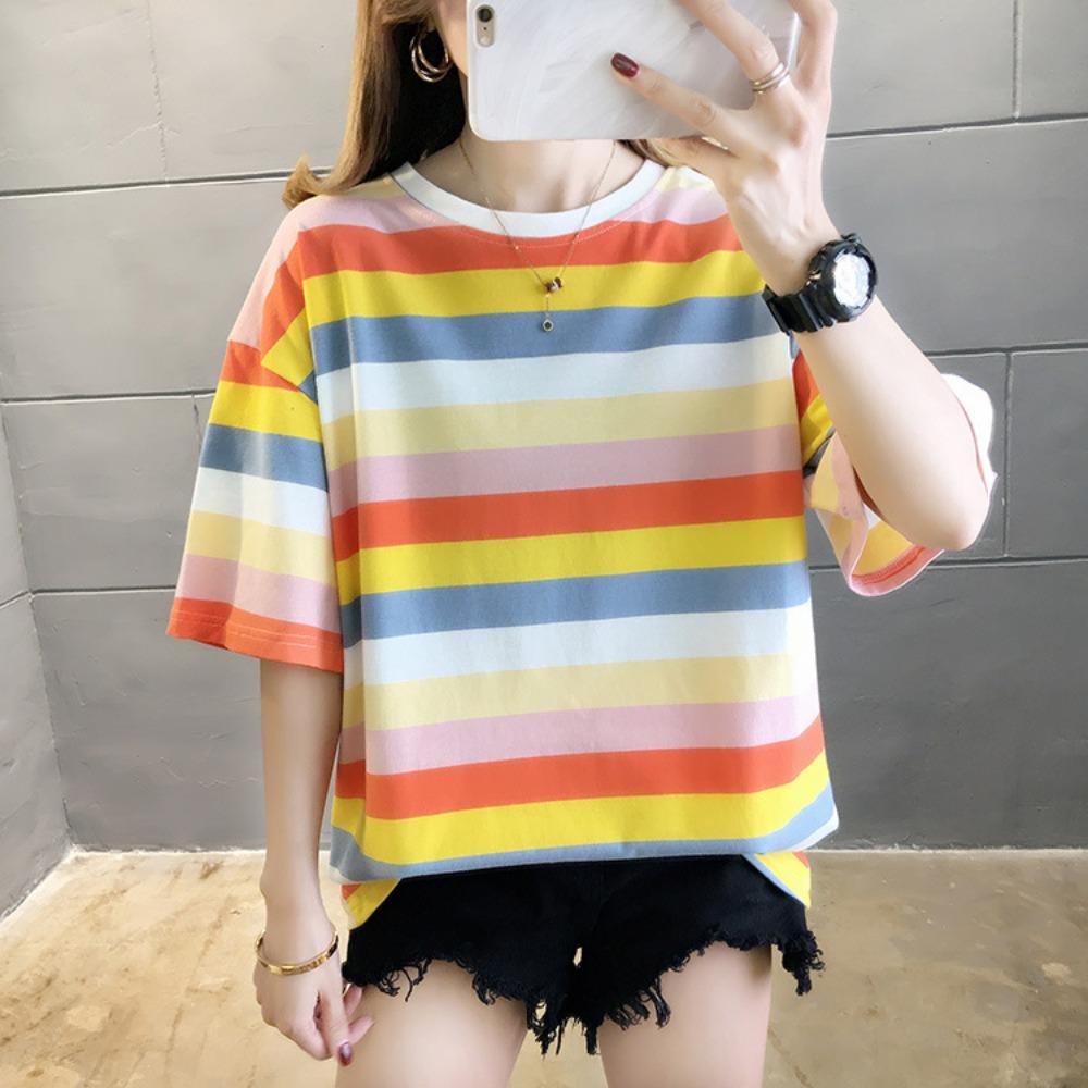 Casual striped short-sleeved T-shirt for women, loose fit, niche style, outerwear