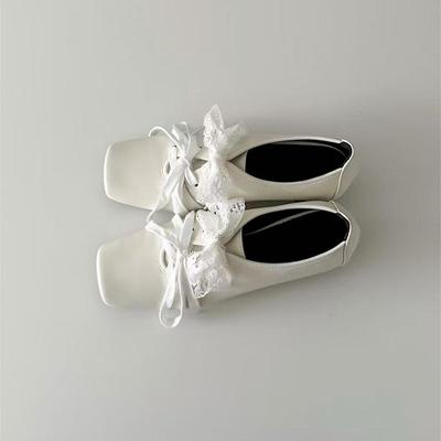 Sheepskin Lace Mary Jane Small Leather Shoes Women's Square Head Thick Heel Lace-Up Ballet Shoes Leather Loafers