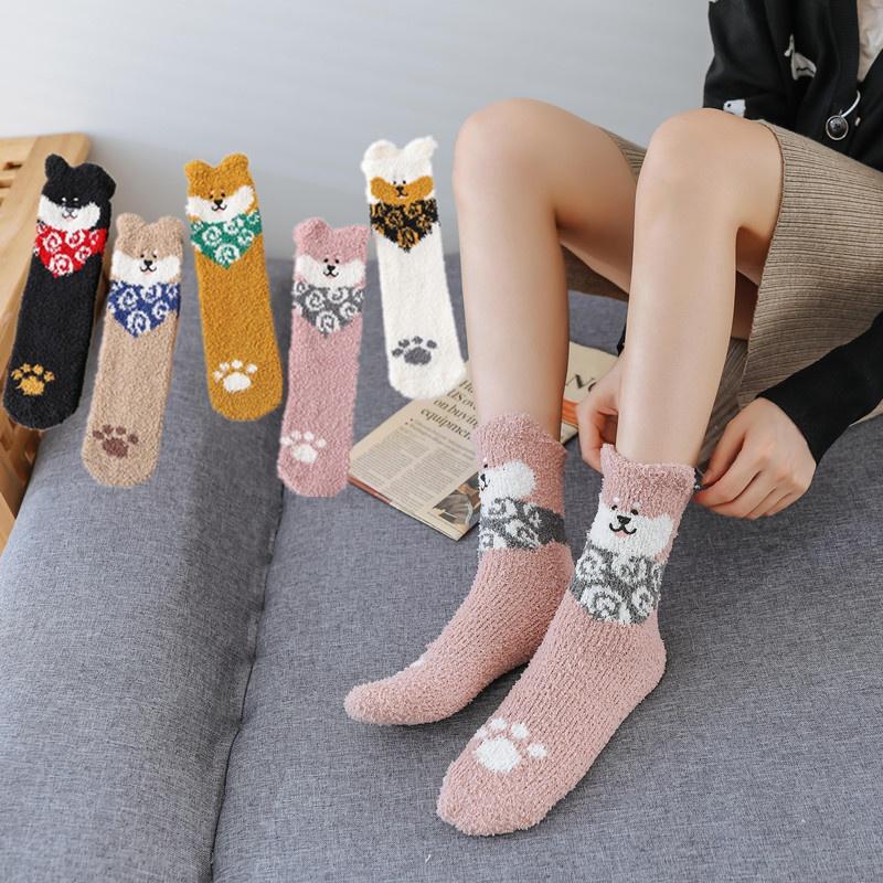 Three-dimensional Coral Fleece Socks Exquisitely Embroidered Puppy Cartoon Retro Winter Warm Home Cotton Socks