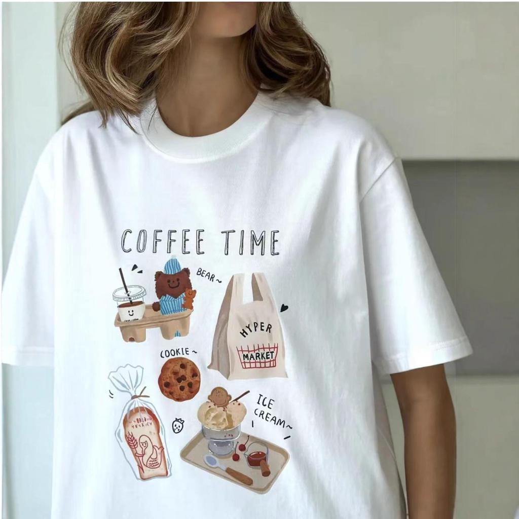 T-shirt Blanc Imprimé Coton Manches Courtes Casual Mignon pour Femme - Été Coupe Ample, Polyvalent, Anti-Âge