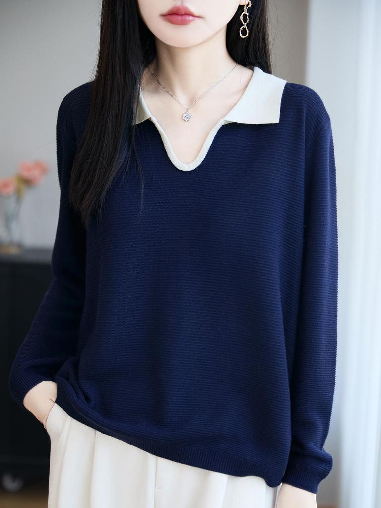 Women's French Retro Slim Fit Wool Knitwear with Color Block Lapel