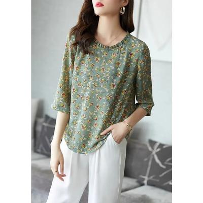 Summer New All Match Floral Chiffon Shirt Women's Summer New Loose Middle Sleeve Elegant Popularity Top