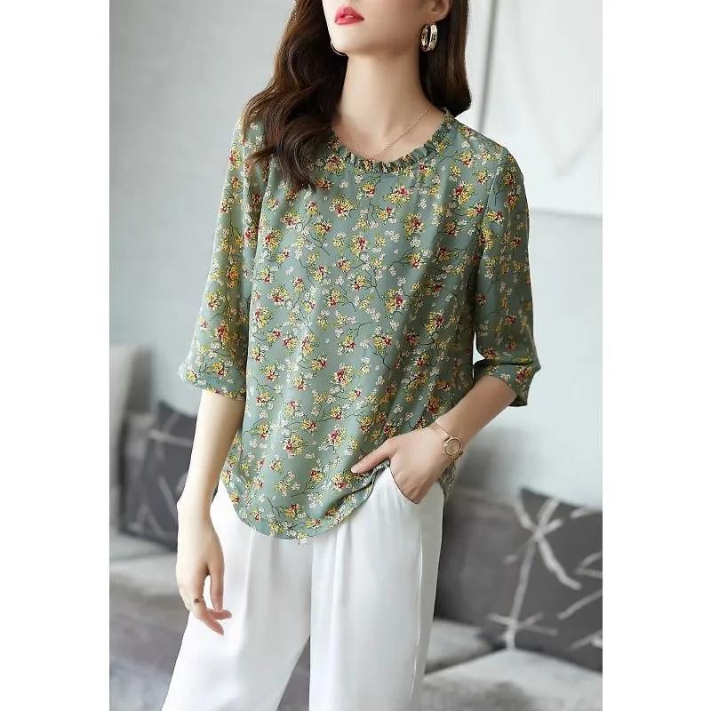 Летняя Новая Универсальная Цветочная Шифоновая Рубашка Женская Летняя Новая Свободная С Средним Рукавом Элегантная Популярная Рубашка M