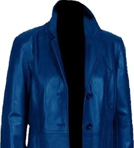 Pánský trenčkot modrý nový stylový originální kožený ručně šitý jehněčí kůže módní střih měkký