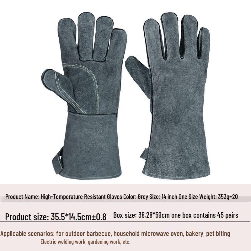 Extra Long Flame Retardant Cowhide BBQ Gloves - Heat Resistant Up To 500°F - Anti-Scald Protection for Baking, Oven, Boiler, and Grilling