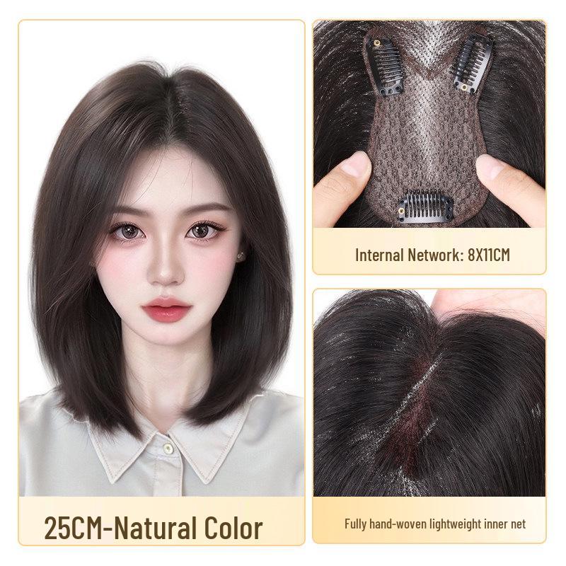 Women's Fluffy White Hair Topper - Natural, High Volume, Traceless Real Hair Bangs Patch for Full-Looking Hair.