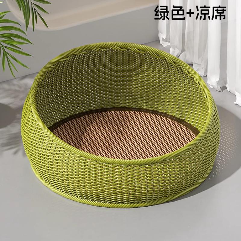 Imitation Rattan Cat House All Season Semi-Enclosed Pet Shelter Breathable Summer Cat Cave Cozy Woven Kittens Bed for Indoor