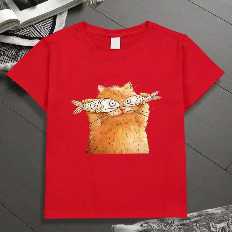 Fish Cat Print Tshirt For Boys Girls Summer Children Casual Cute Funny Colorful Tops Kids Comfortable Oneck Short Sleeve Tees