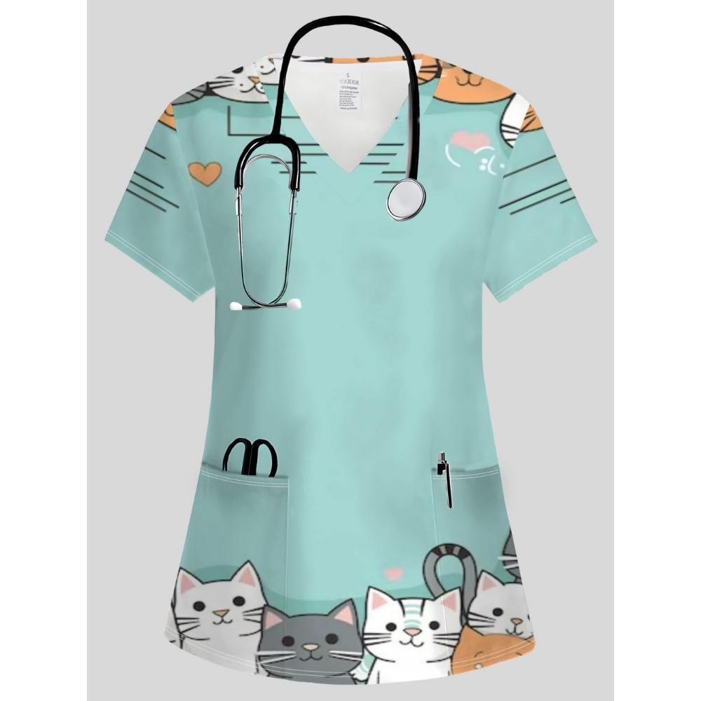 Surgical Uniforms Woman Elegant Fashion Womens Print V-Neck Short Sleeve Nursing Summer Comfortable Vet Clinical Uniforms Woman
