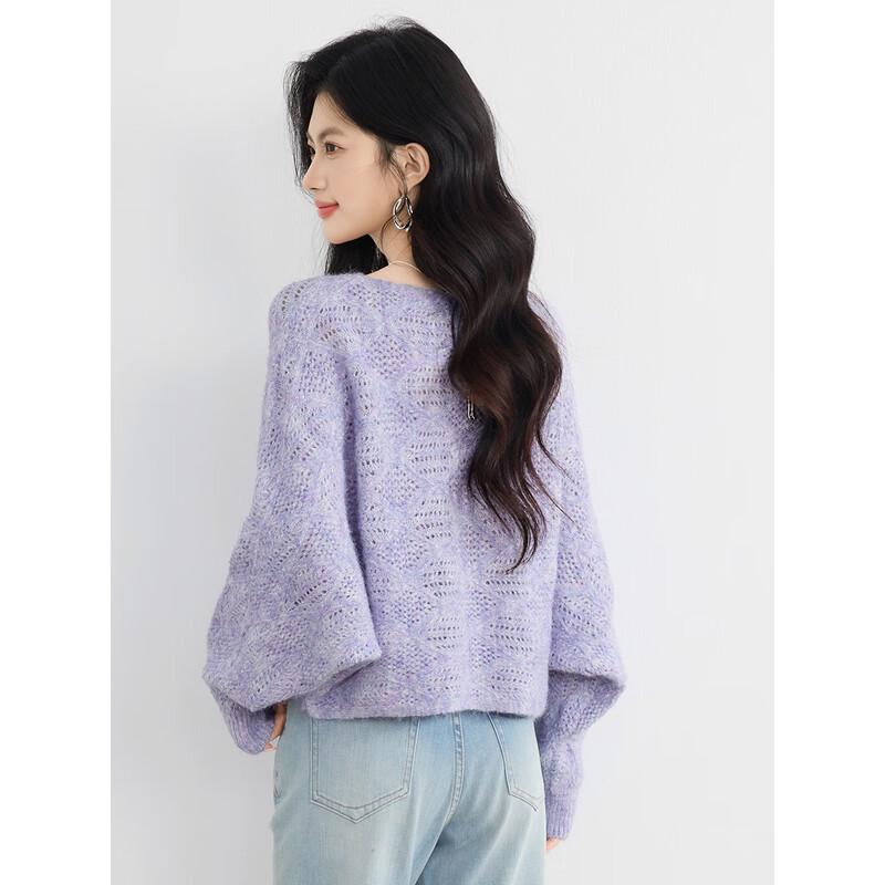 Women's French Romantic Lavender Hollow Knit Sweater