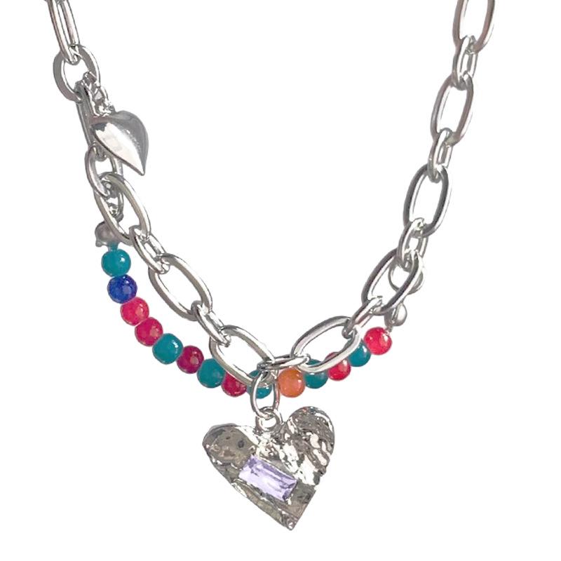 Colorful Beaded Heart Necklace for Women - Summer Titanium Steel Clavicle Chain, Luxury Hip Hop Accessory
