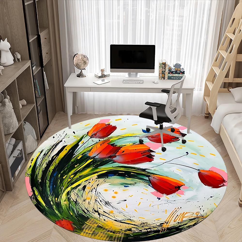 1PC Floral Abstract Office Round Area Rug, Mat Suitable For Office, Under Office Chairs Bedroom Living Room Home Decor, Room Deco