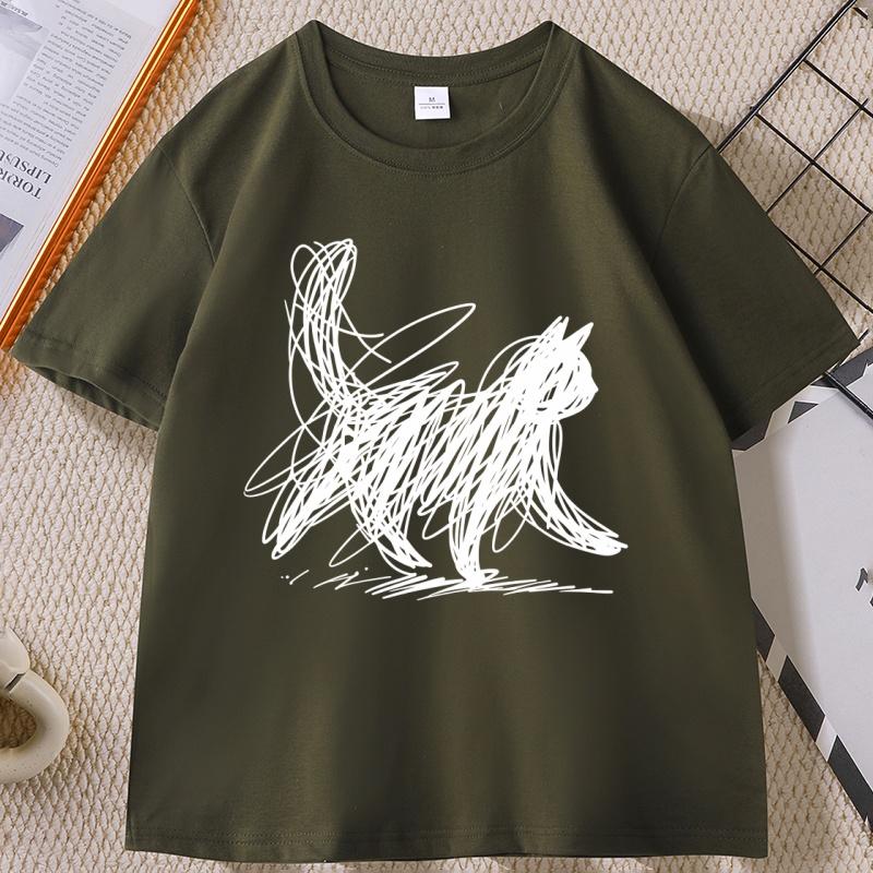 Abstract Cat Line T Shirt Minimalist Scribble Cat TShirt Funny Animal Tee Casual Comfortable Round Neck Short Sleeve Tshirt
