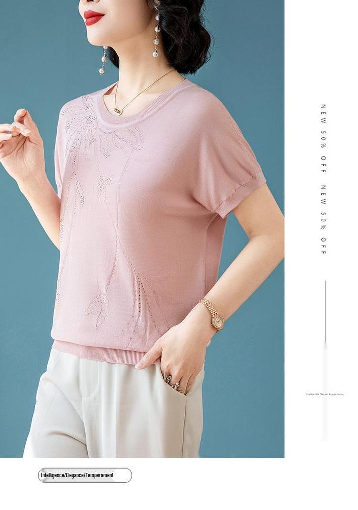 Damen Eisseide Strick-T-Shirt, Kurzarm, Sommerstil für Alter 40-50