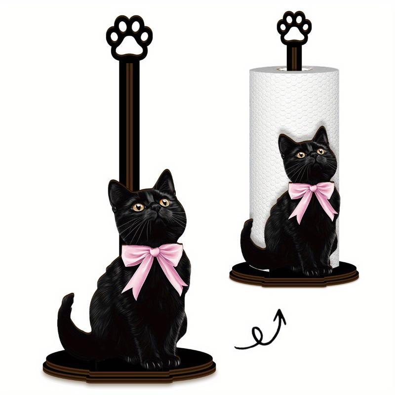 Wooden Base Black Cat Tissue Holder Desktop Decoration Cartoon Roll Paper Standing Rack Cute Food Wrap Storage Rack Bathroom