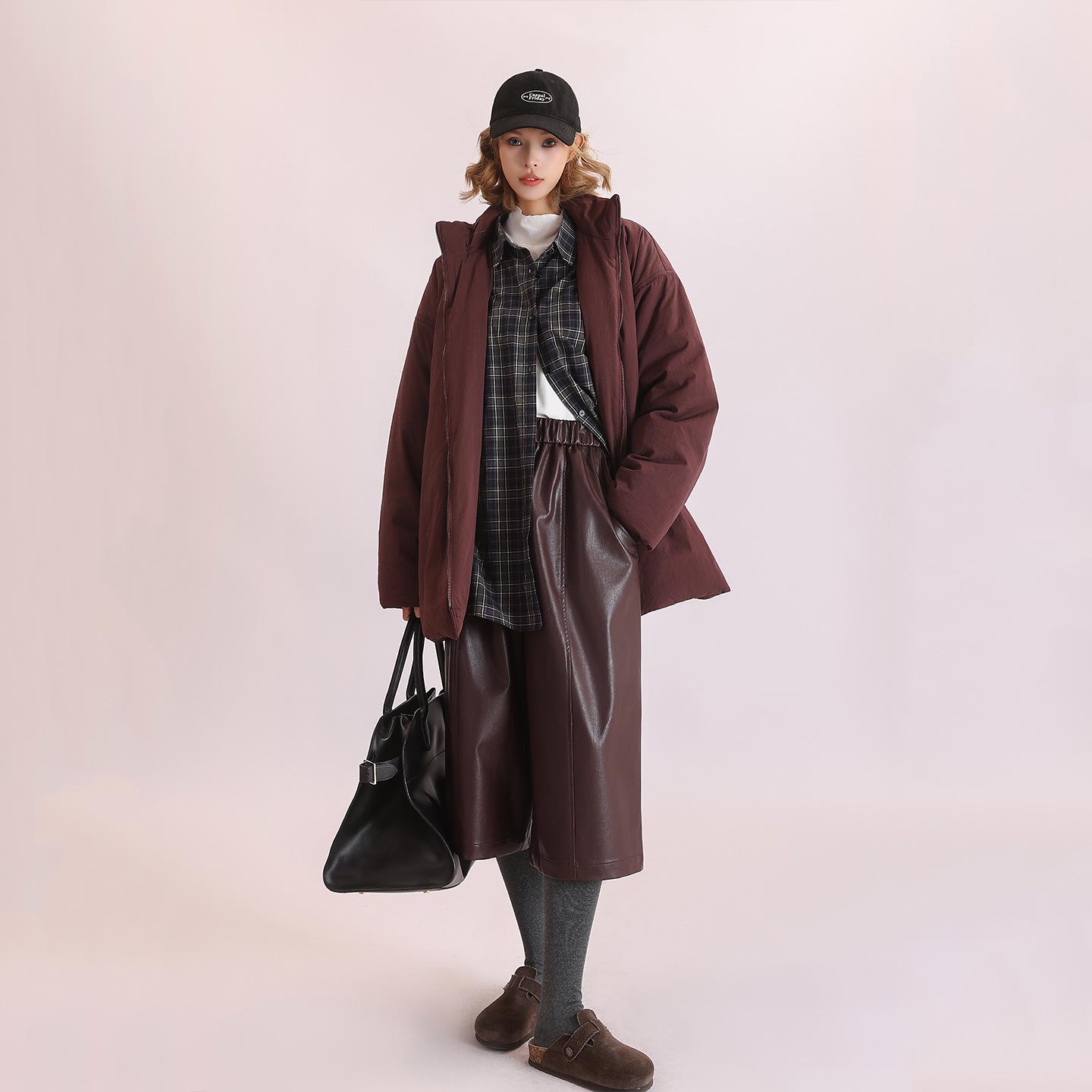 

Autumn/Winter PU Wide-Leg Cropped Bootcut Pants - Dark Red/Black MD5244 Small бордовый